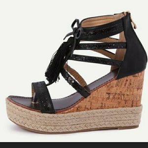 Black Tassel Gladiator Wedge Sandals Platform NEW